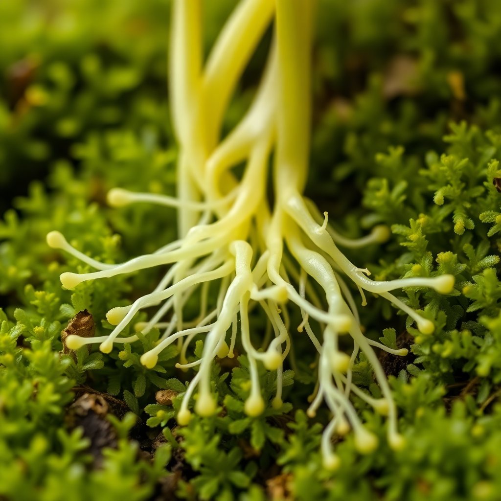 Close up of orchid roots in sphagnum moss, soft natural lighting, educational botanical photography, high resolution, macro detail